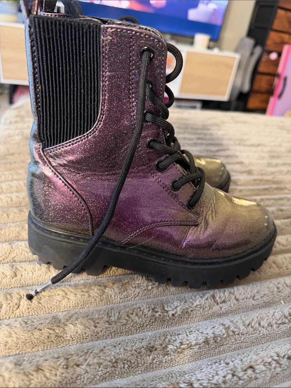art class Purple Glitter Combat Boots for Kids